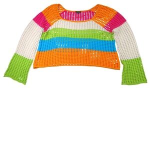 Wild Fable Striped Crochet Square Neck Long Sleeve Cropped Sweater Top Womens XL